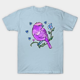 cute purple bird and blue flowers T-Shirt